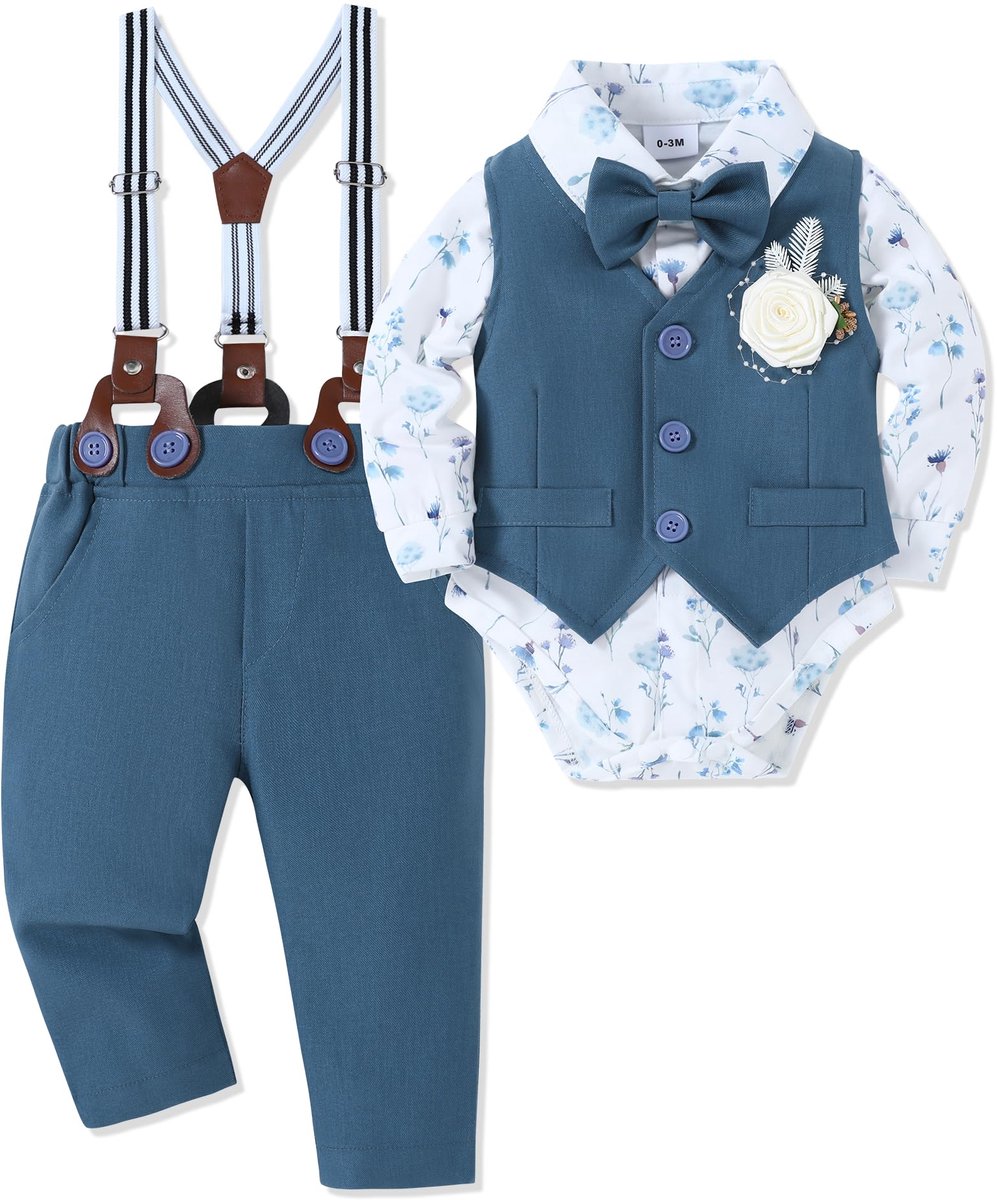 SnelShoppen - Baby jongens kleding pak 0-24 maanden doopkleding, feestelijke bruiloft outfit met lange mouwen romper, broek, vest, vlinderdas en corsa
