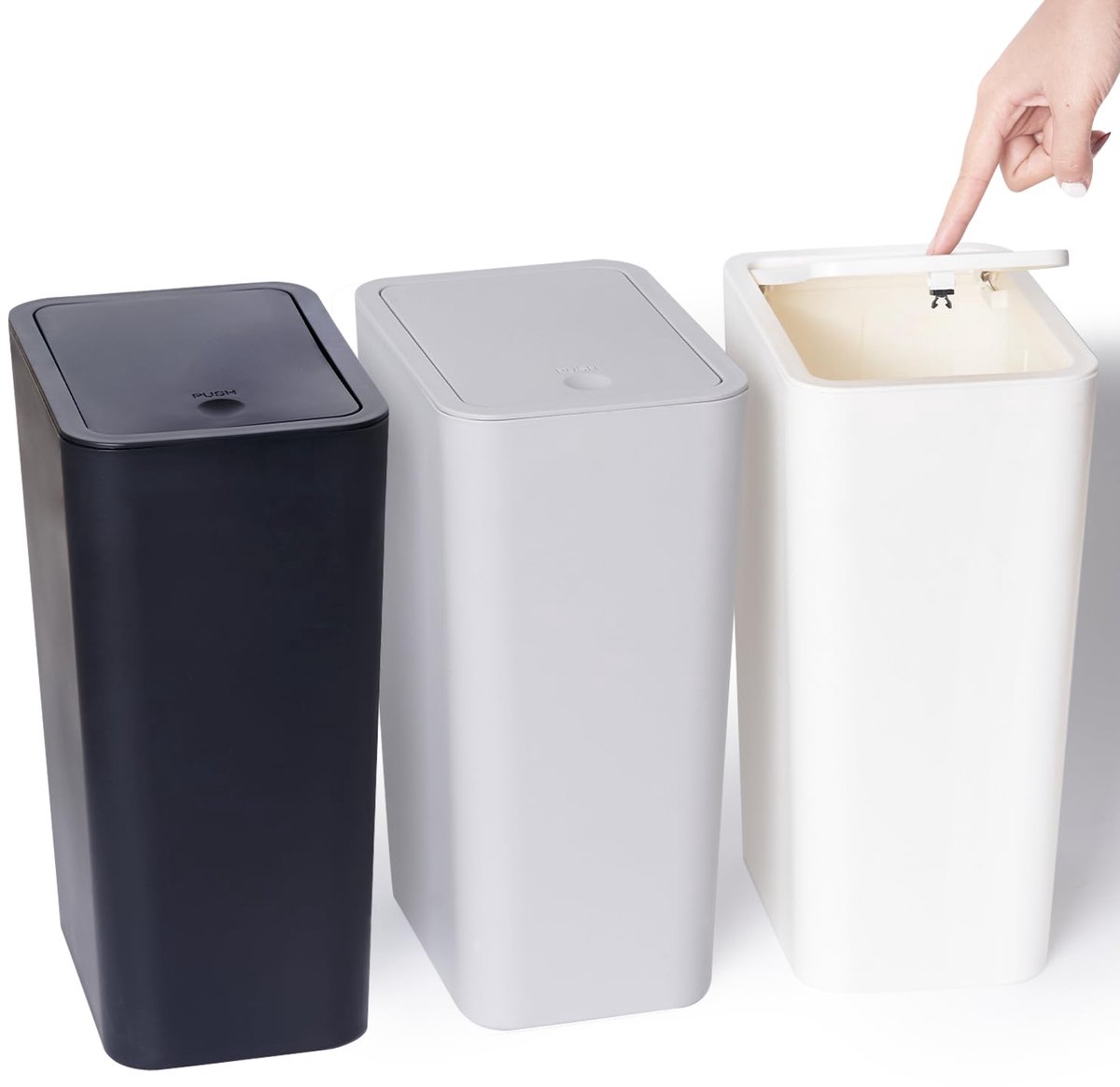 SnelShoppen - Set van 3 Kleine Vuilnisemmers met Deksel, 10 Liter - Drukdeksel Afvalemmer voor Badkamer, Keuken, Kantoor, Slaapkamer - Zwart, Wit, Gri