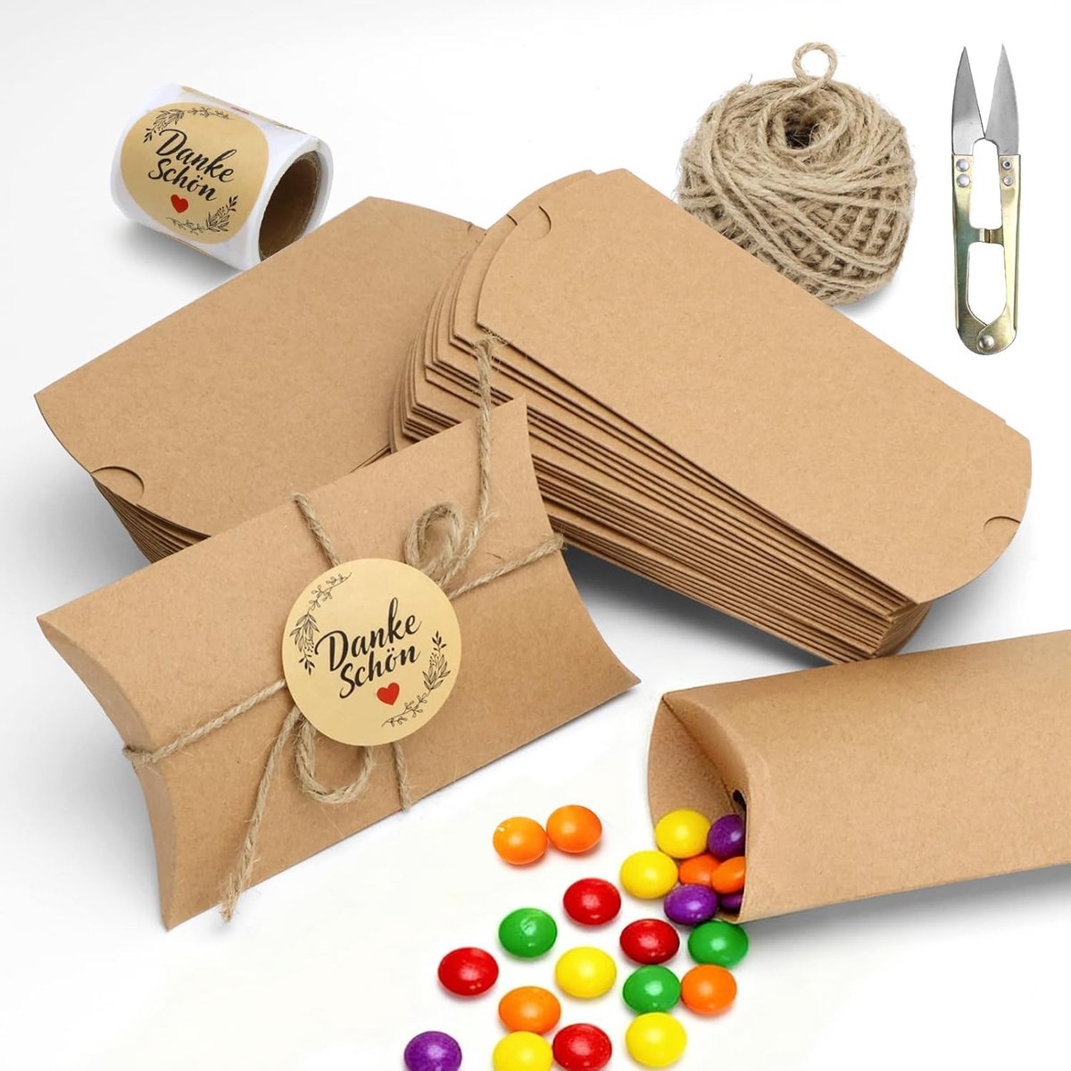 Set van 50 Heldere Kraft Papieren Snoepdozen met Jute Touw, Dubbele Plakband en Bedankstickers voor Feestjes, Verjaardagen en Bruiloften