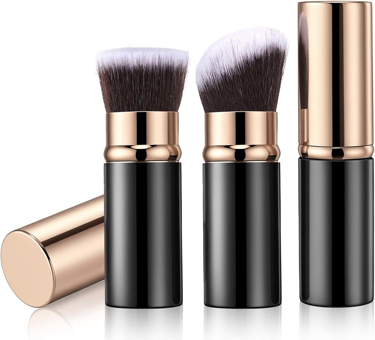 Intrekbare Kabuki Make-up Borstel Set van 3 voor Poeder, Vloeistof en Crème - Draagbare Gezichtsborstels voor Reizen en Perfecte Mengresultaten