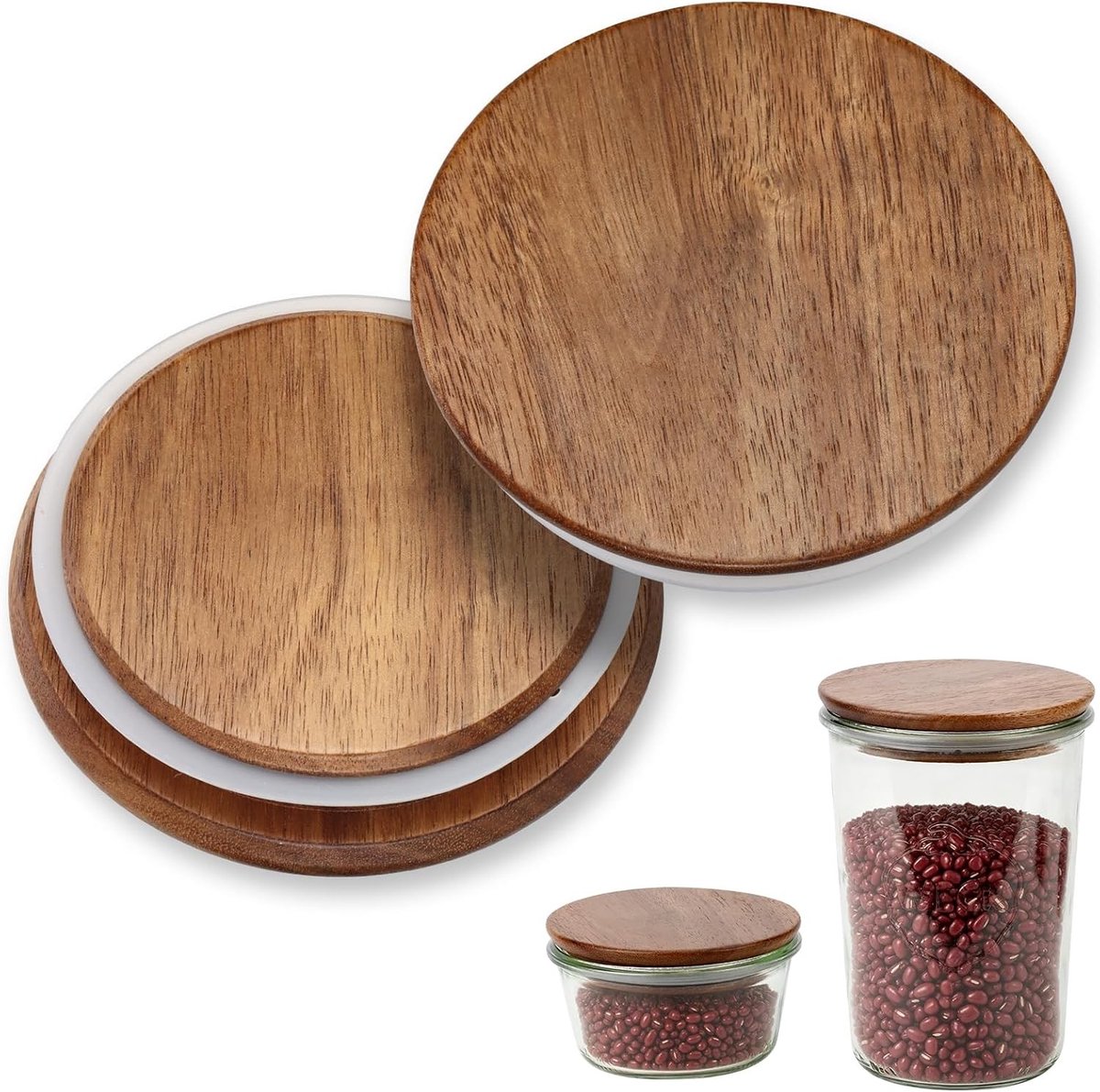 Set van 2 luchtdichte deksels voor weckglazen, 100 mm diameter, acaciahout, herbruikbaar, geschikt voor modellen 738, 739, 740, 741, 742, ideaal voor conserveren en bewaren