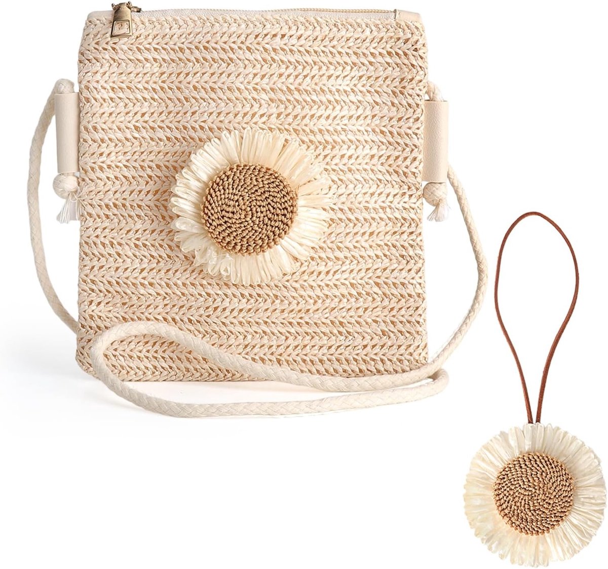 Stijlvolle strandtas voor dames, kleine schoudertas met verstelbare band, boho-design, perfect voor zomer, vakantie en reizen met bloemenhanger