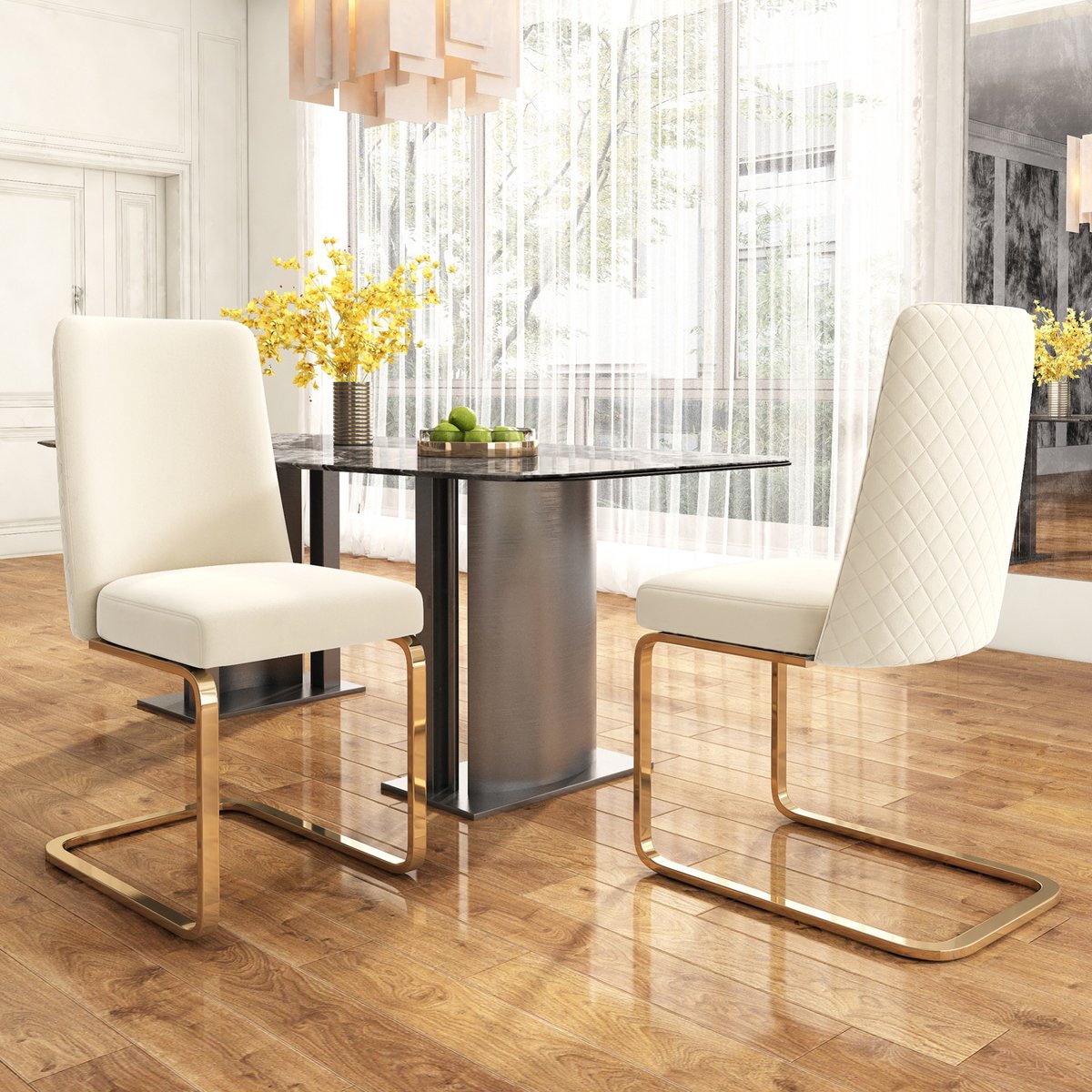MEUNIQ eetkamerstoel set van 2 in beige velvet met ruitgestikte rugleuning, metalen onderstel en zachte zitting voor eetkamer, woonkamer of slaapkamer