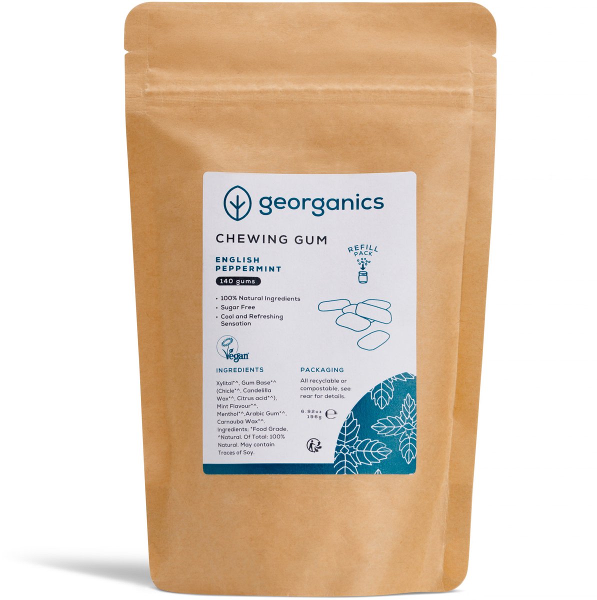 Georganics Chewing Gum English Peppermint Refill - Natuurlijke Kauwgom - Navulverpakking - Plasticvrij - 120 Stuks