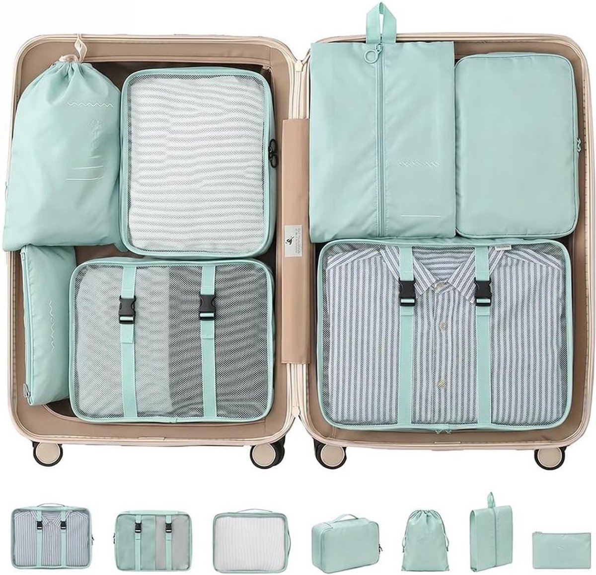 KZQ 7-delige organizerset - Reisorganizertassen met aparte vakken voor kleding en schoenen - Waterdicht, ademend en lichtgewicht - Ideaal voor reizen, kamperen en weekendjes weg - Meerblauw