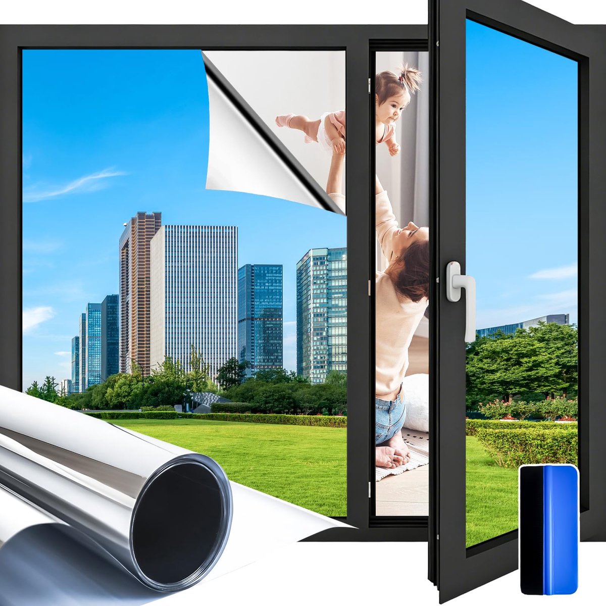 SnelShoppen - Eenrichtingsraamfolie voor privacy 59,5 x 200 cm - Zilveren reflecterende raamfolie met spiegeleffect - Anti-verblinding en privacy over