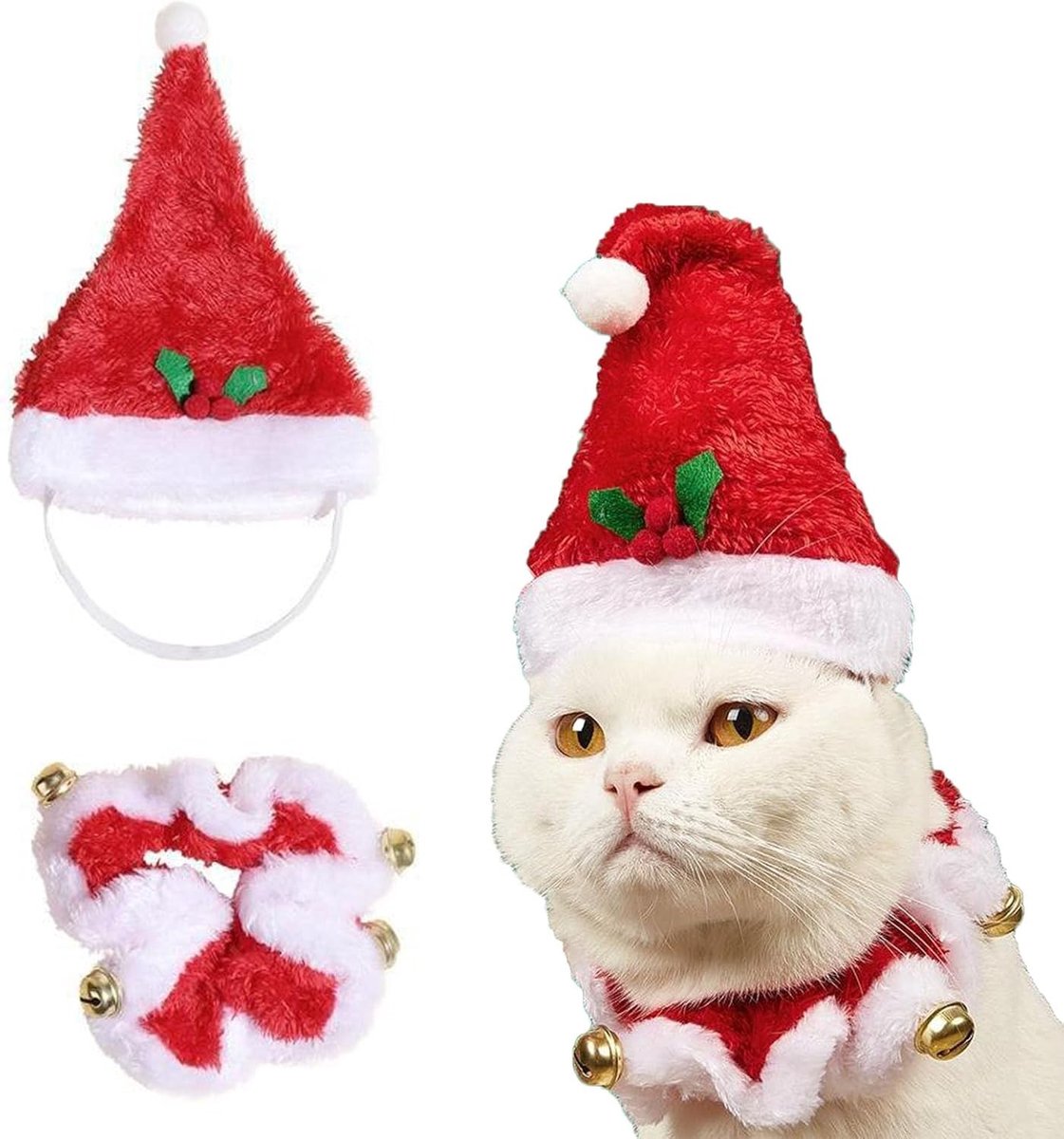 Kerstkostuum voor Kat met Santa Hoed en Kraag met Belletjes voor Huisdieren, Geschikt voor Katten en Honden (Groot)