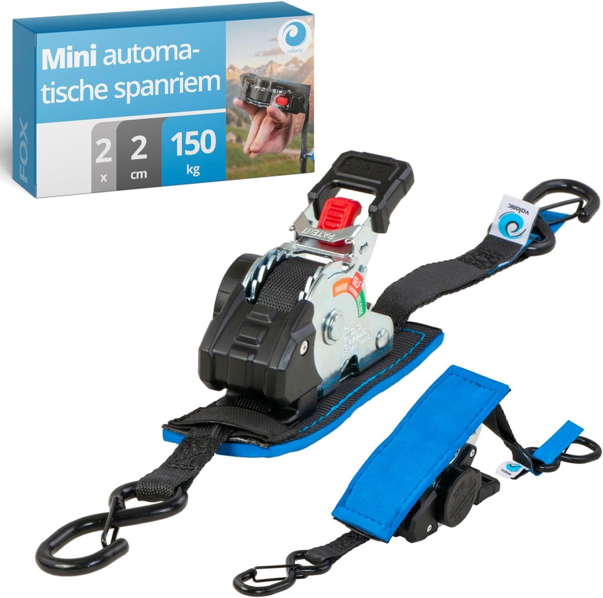 SnelShoppen - Mini-spanbanden 2 m set van 2, zelfoprollend, trekkracht 150 kg, 19 mm, ideaal voor thuis, op reis, camping, tuin, en meer