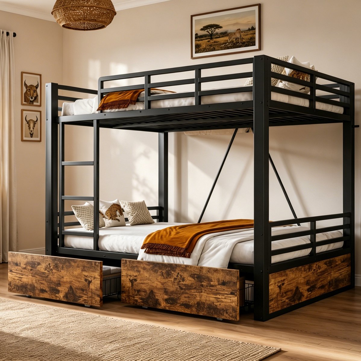 Wishdor Stapelbed 140x200 cm - Met lades en ladder - Veiligheidsrail - Metaal en MDF - Zwart - 204 x 148 x 164 cm