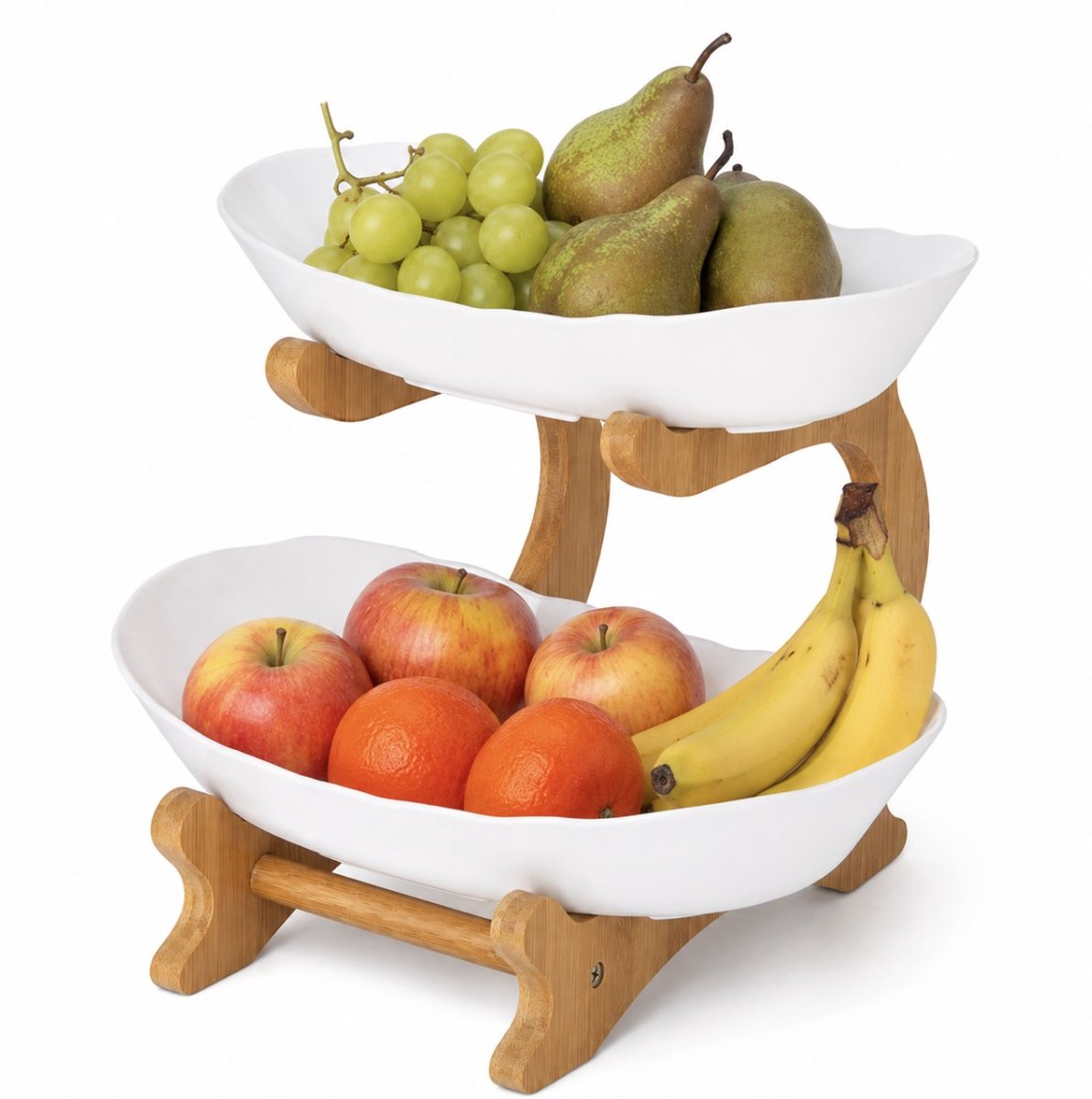 BSS® Fruitetagère 2 Etages – Kunststof Fruitschaal met Bamboe Standaard – Fruitstandaard voor Fruit, Groenten en Snacks