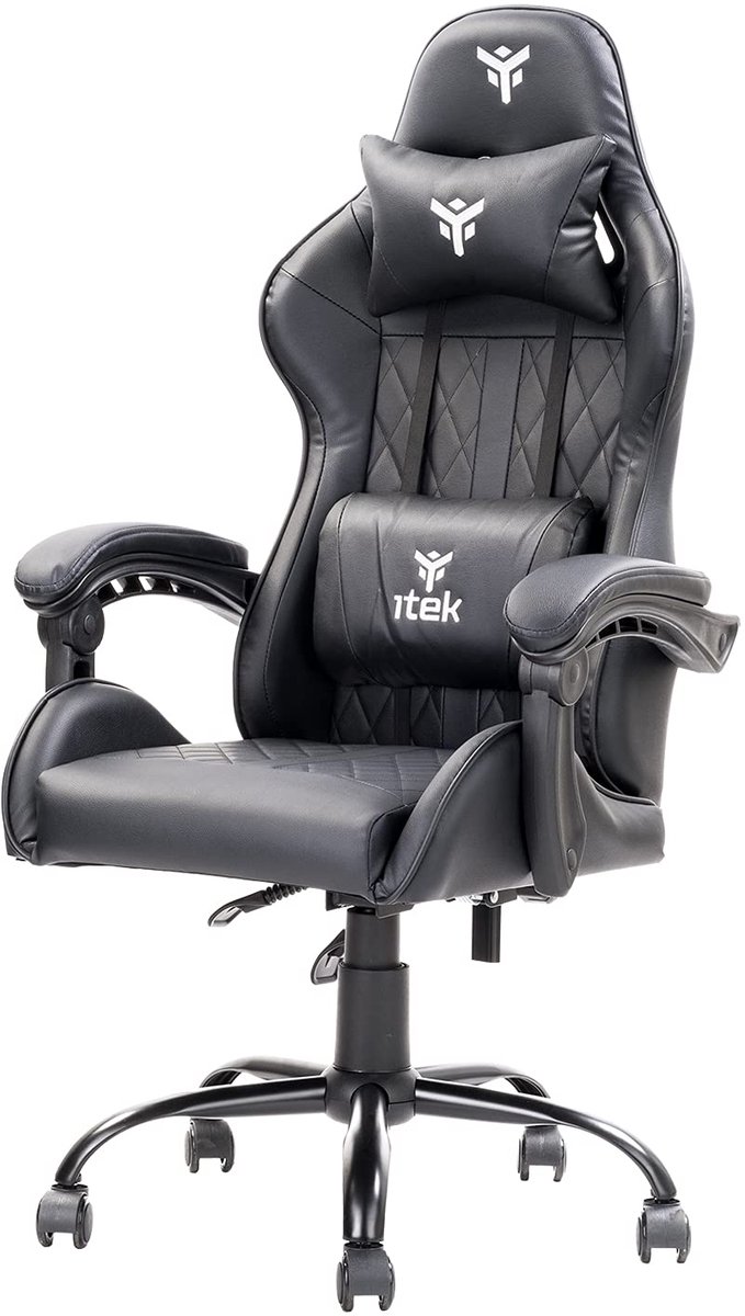 SnelShoppen - Ergonomische Gamingstoel, Bureaustoel, Studiestoel, PU-leer, Zwart, Met Rugleuning, Hoofdsteun en Lendensteun, Perfect voor Gaming en We