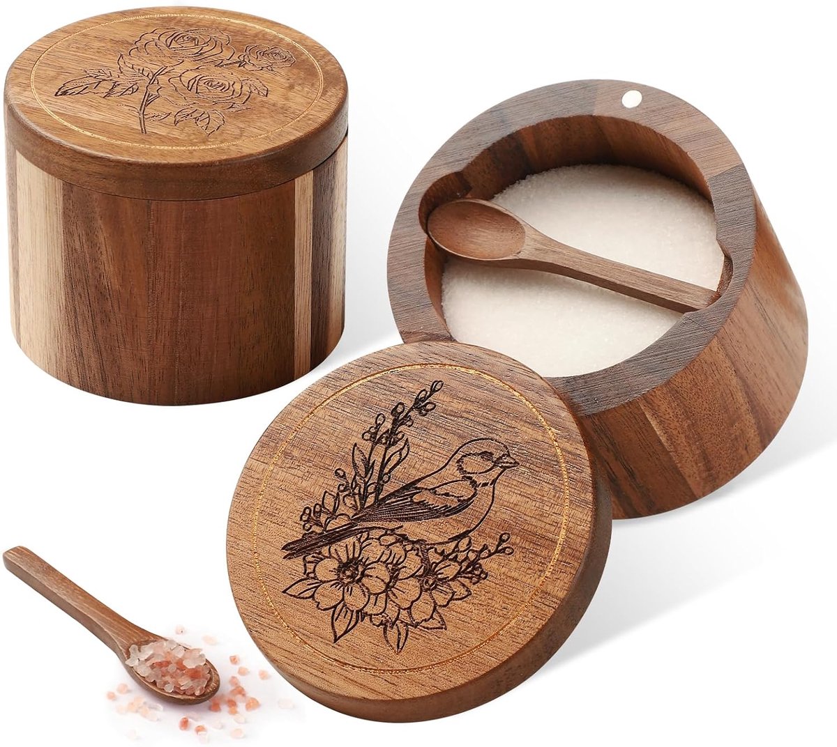 Kruidenhouder - Hout Zout- en Peperstel - 2-delige Acaciahouten Kruidenbox met Ingebouwde Lepel en Draaibaar Deksel - Aanrecht Specerijenopslag - Keuken Organizer - Houten Kruidenhouder - Gravure Roos en Vogels - Natuurlijke afwerking