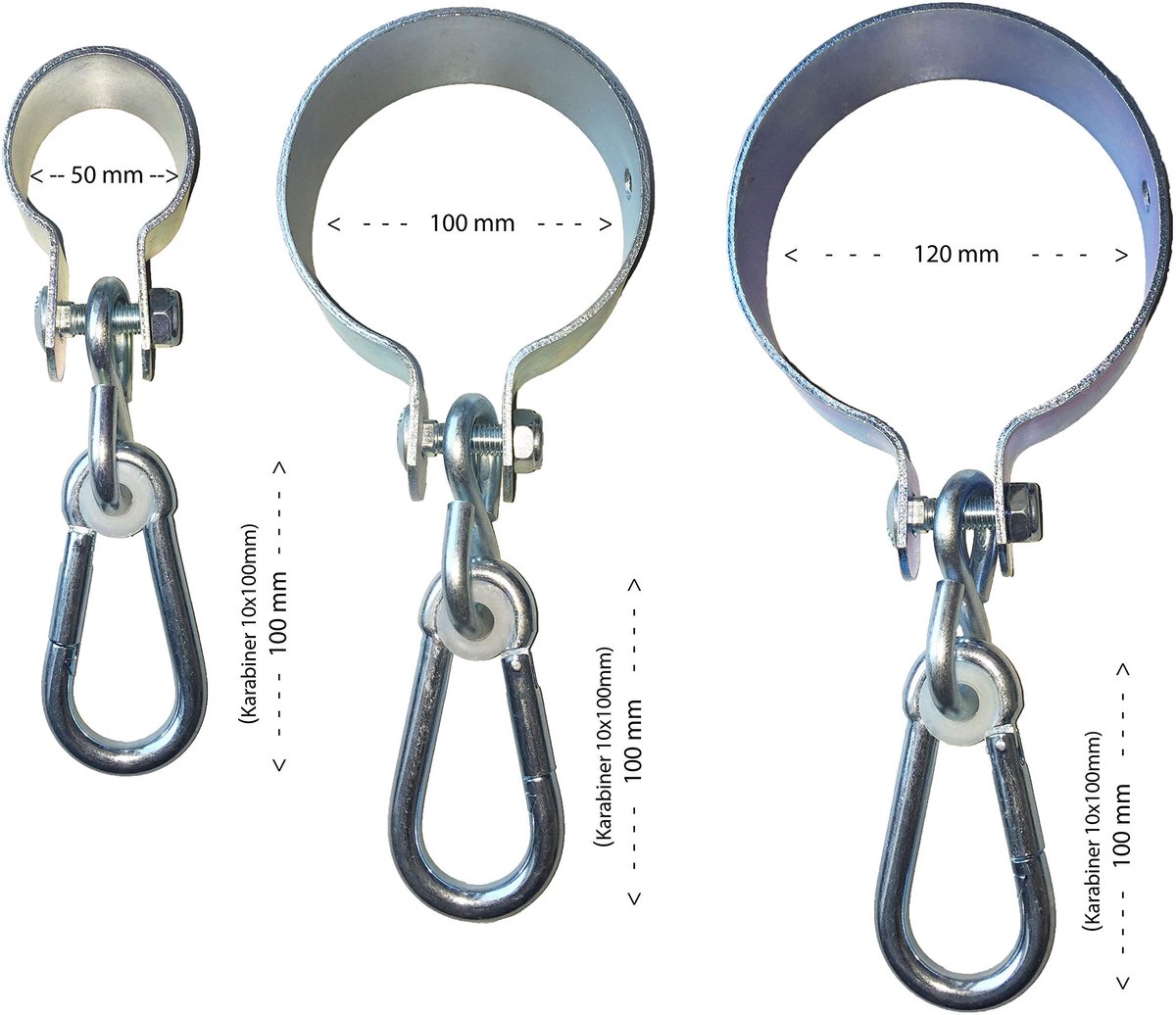 SnelShoppen - Sunload Manchethaken met Karabijnhaak Verzinkt, Schommelhaak Set van 2 voor Buizen of Rondhout 100 mm - Ideaal voor Tuin, Camping en Spe