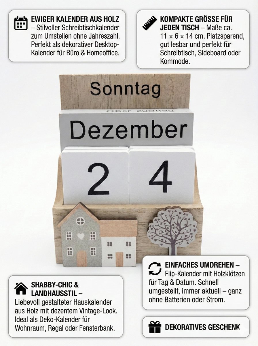 SnelShoppen - Eeuwige Houten Kalender, Shabby Chic Bureaukalender, Decoratieve Huiskalender in Landelijke Stijl, Veranderbare Kalender voor Thuis en K