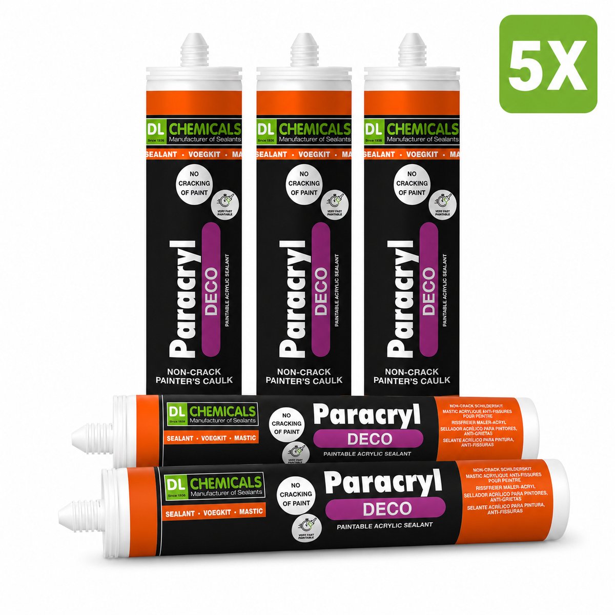 DL Chemicals Paracryl Deco, No-Crack, schilderskit, acrylaatkit, wit, overschilderbaar, scheuren in verf en 5 stuks.