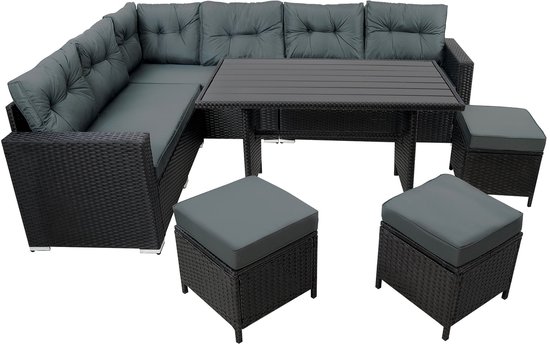 Zwarte L-vormige loungesbank met tafel en vier bijpassende krukken.