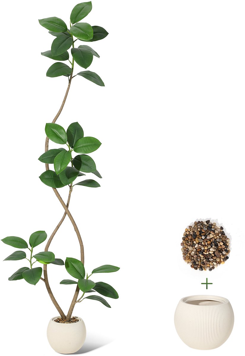210 cm hoge kunstrubberboom, levensechte kunstplant met witte pot, staande kunstplant met realistische bladeren voor binnen en buiten, decoratie voor woonkamer, kantoor en hoeken in huis