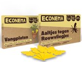 Gele vangplaten en een verpakking voor aaltjes tegen rouwvliegjes met tekst in het Nederlands, Engels en Frans.