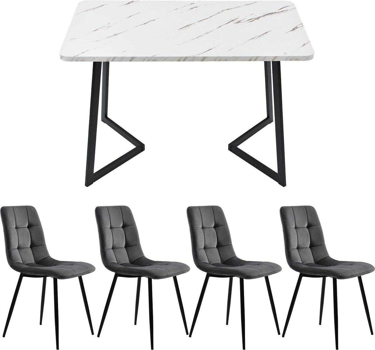 Eettafel met 4 stoelen - Eethoek set - Rechthoekige tafel - Keukentafel - Marmerlook - Fluweel - Zwart - Metaal - Eetkamer - 117cm - 5-delig - Donkergrijs