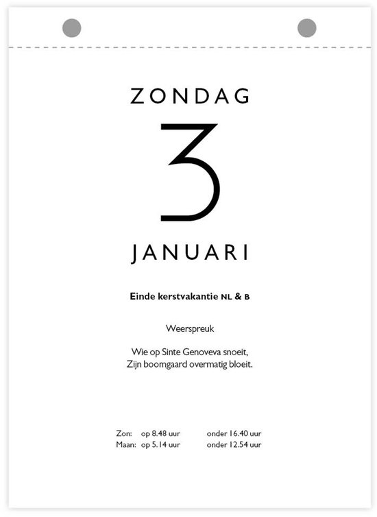 Zondag 3 januari, scheurkalenderblad met einde kerstvakantie en weerspreuk.