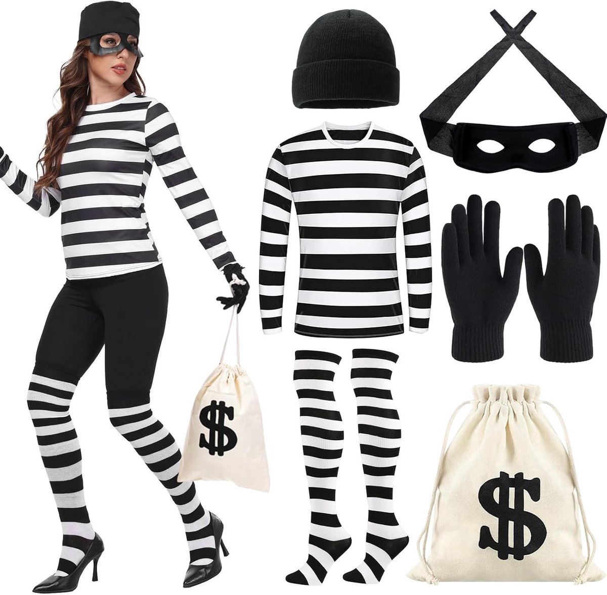 Dames Dievenkostuum met Hoed, Shirt, Masker, Handschoenen en Tas voor Cosplay en Feestjes