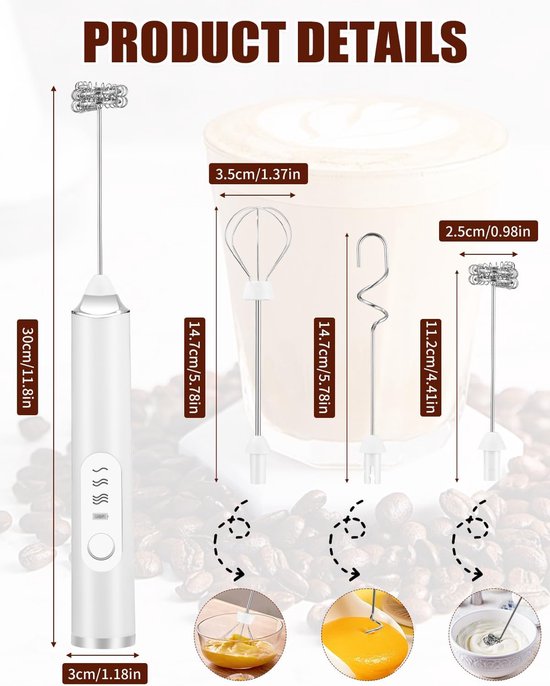 Elektrische mixer, oplaadbare elektrische melkopschuimer, mixer, garde, wit, USB-C-oplaadbaar, inclusief 3 gardes voor koffie, room en eieren van Sluinvy — afbeelding 2