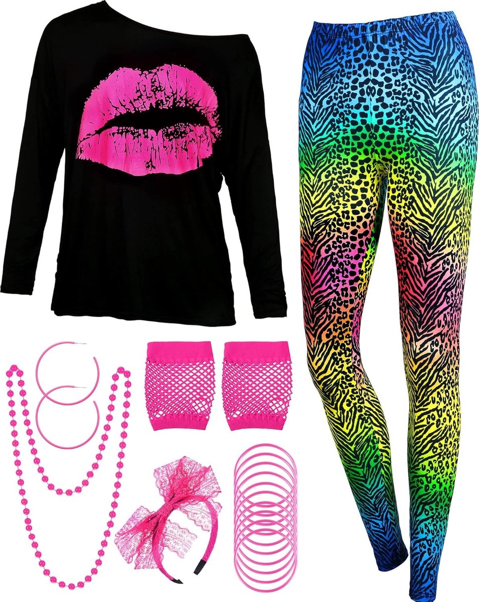80s Kostuumset voor Dames met T-Shirt, Broek, Leggings, Sieraden en Handschoenen - Retro Feestoutfit voor Themafeesten en Carnavalsvieringen