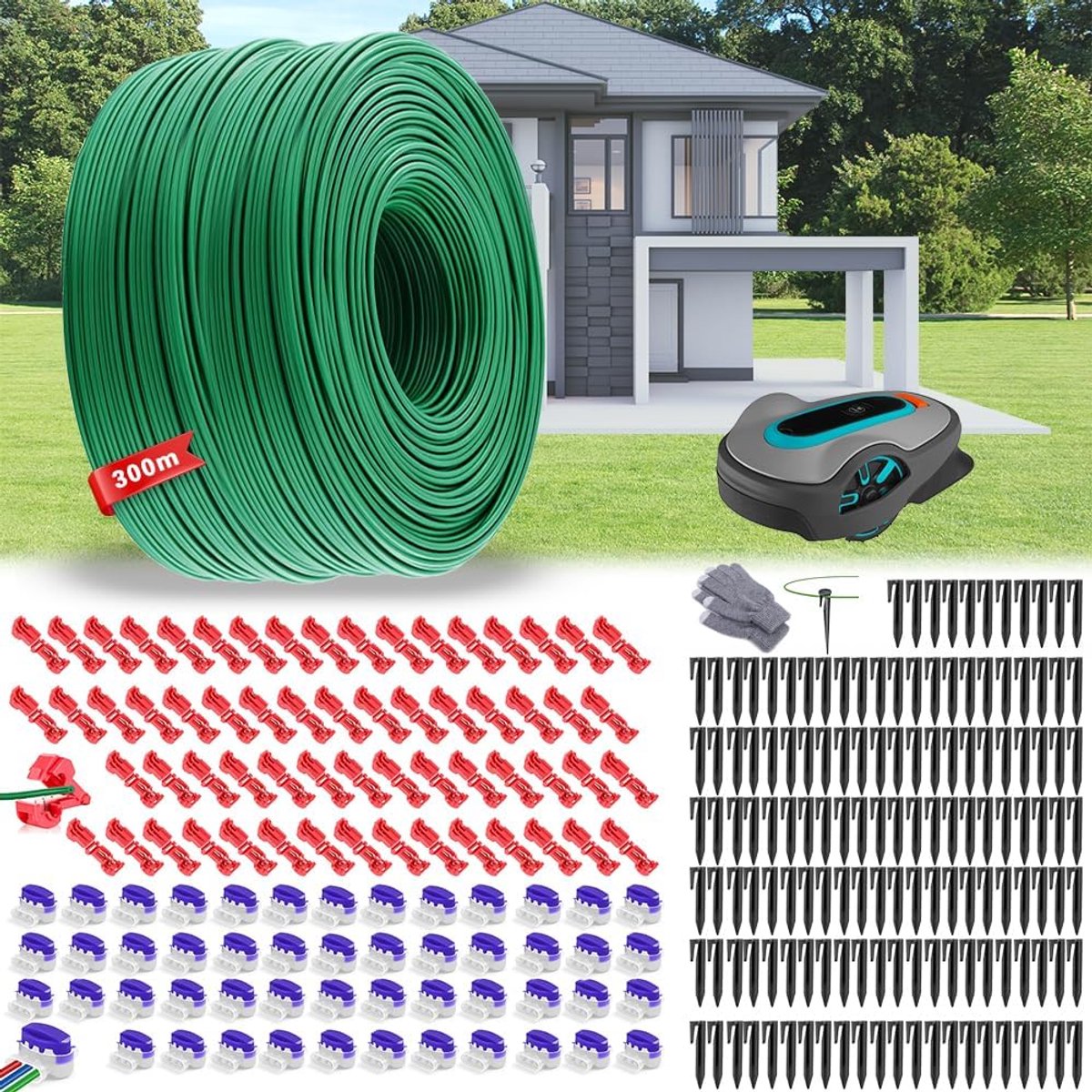 SnelShoppen - Robot Boundary Cable 300m Set - Omheining Kabel voor Robot Grasmaaier met 120 Pegs, 50 Connectors, Galvanized Copper, Perfect voor Tuin