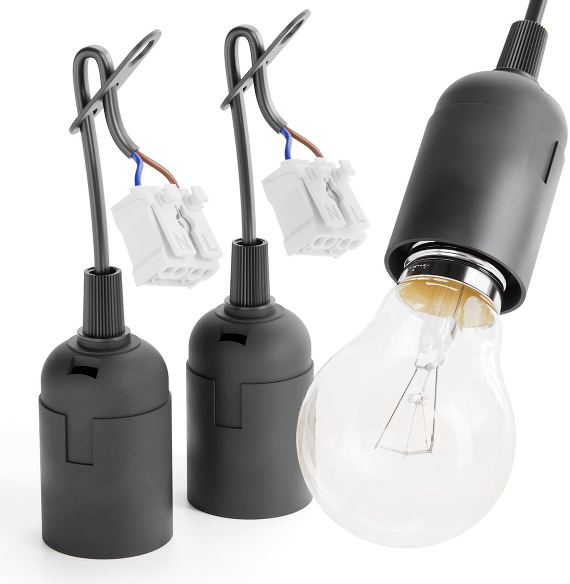 SnelShoppen - Set van 3 E27 Lampfittingen Zwart met Snelsluiting - Renovatie Geschikt tot 60W 250V - Inclusief Aansluitkabel en Trekontlasting voor Bo