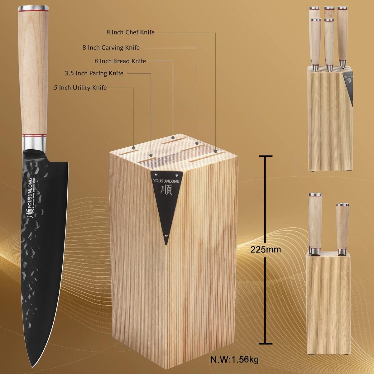 SnelShoppen - 5-delige Koksmes Set - Japans AUS8 Zwart Titanium Staal - Houten Messenset met Amerikaanse Fraxinus - Handvat van Canadees Esdoorn - Keu