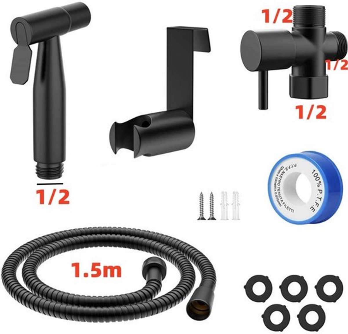 Zwarte handdouchekop voor toilet, handdouchekop voor de badkamer, wandgemonteerde toiletdouche, geschikt voor badkamers en toiletten.