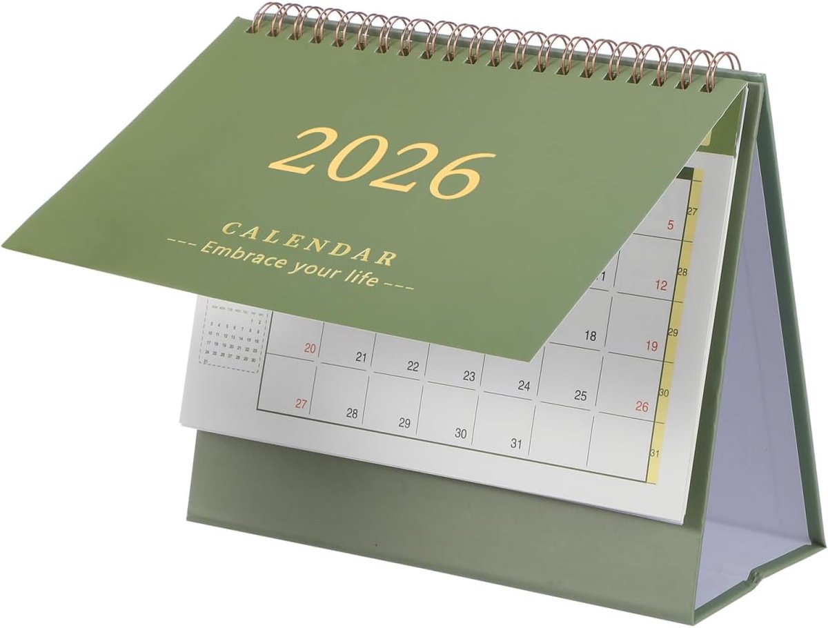 SnelShoppen - Kleine tafelkalender 2025-2026 - Staande vouwkalender voor bureau, mini planner voor thuis, kantoor en school, olijfgroen, 2 jaar, stevi