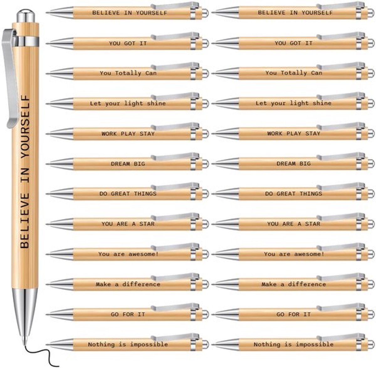 Balpen 24 Stuks - Inspirerende Houten Pennen - Motivatiepennen met Spreuk - Afscheidscadeau - Bedankje - Kantoor Gebruik - Schrijfpennen