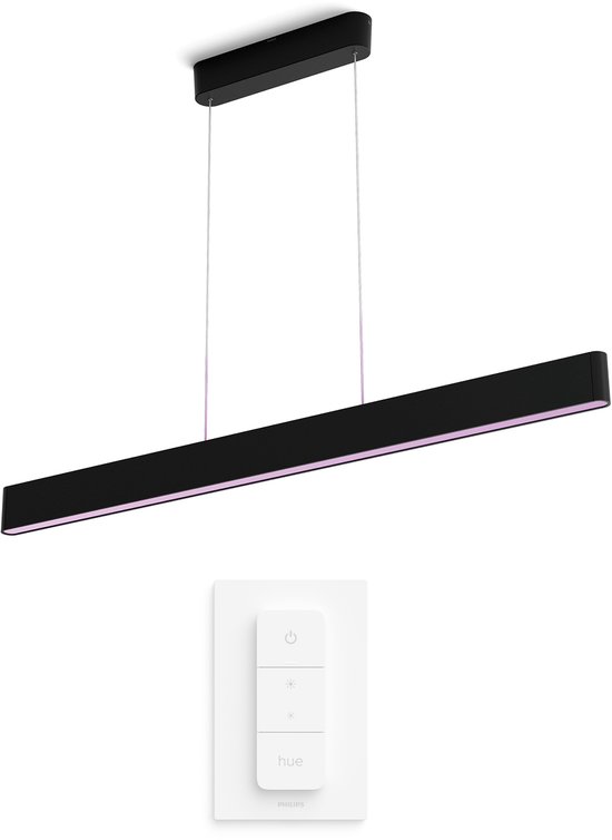 Lampe suspendue noire avec télécommande murale Philips Hue.