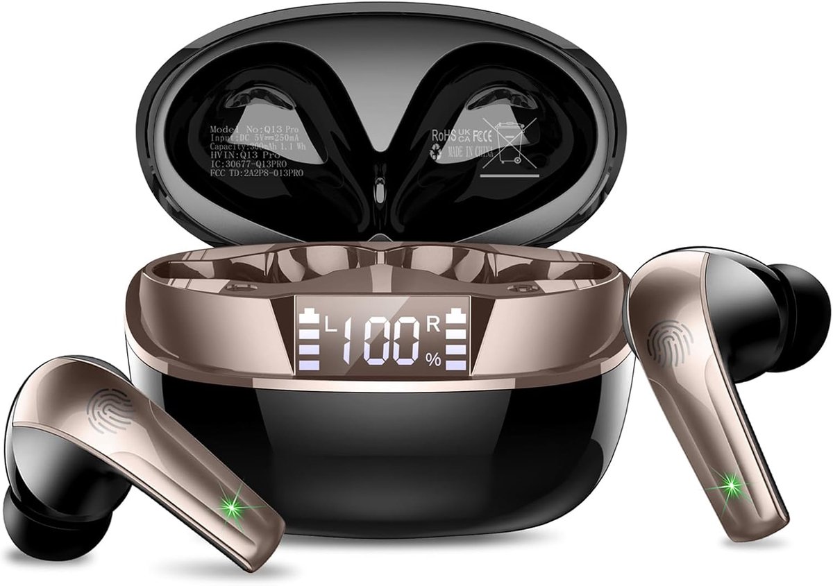 SnelShoppen - Draadloze Oordopjes, Bluetooth 5.3 Mini Hoofdtelefoon, Noise Cancelling Microfoon, Waterdicht, Zwart Goud, Ideaal voor Sport en Reizen