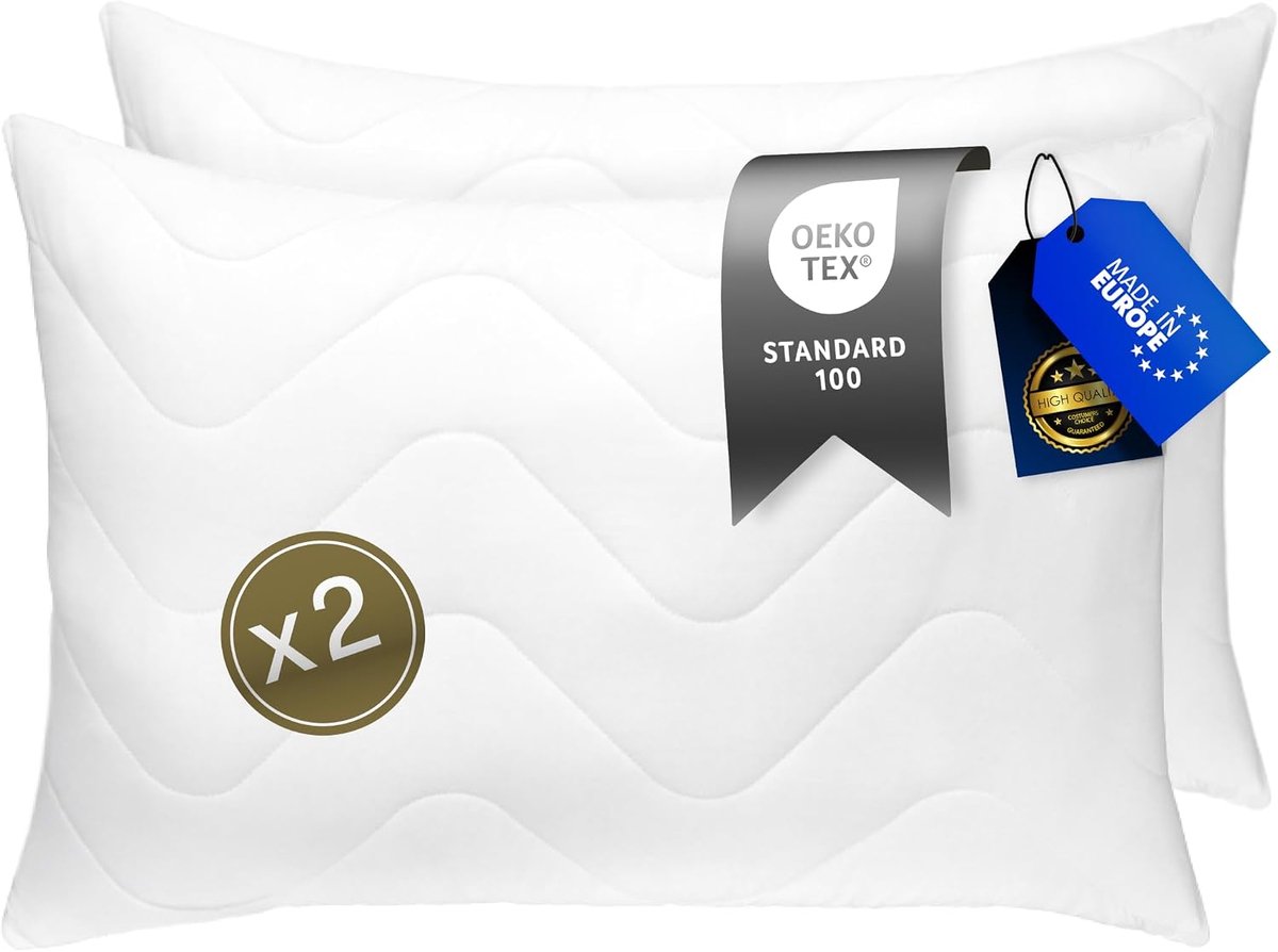 SnelShoppen - Luxe Allergie-vriendelijk Hoofdkussen 50x70 cm - 2 Stuks Ergonomische Witte Slaapkussens met Volumineuze Vulling 720g - Wasbaar tot 95°C
