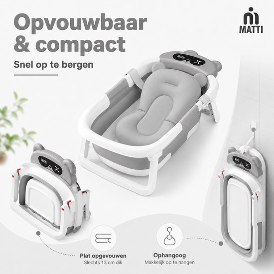 MATTI® - Baby Bad- Babybad - Baby Badset - Opvouwbaar - Inclusief Kussen en Thermometer - Grijs — afbeelding 4