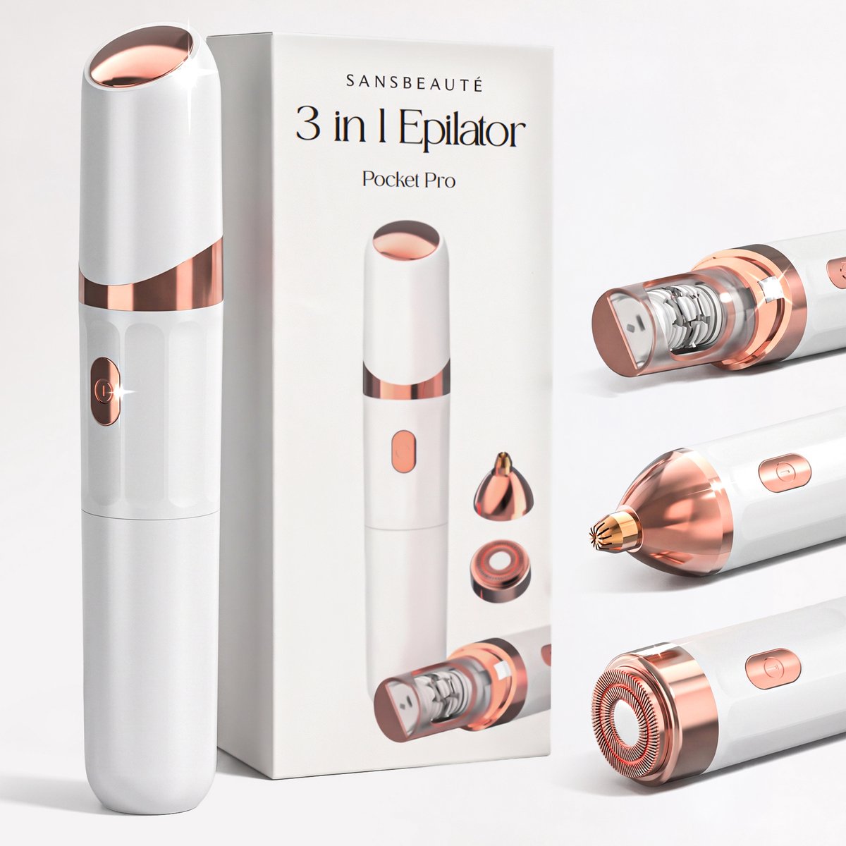 Sansbeauté 3 in 1 Epilator voor Vrouwen PocketPRO met Travel Bag - Epileerapparaat Dames - Epilator - Gezichtsepilator Vrouw - Gezichtsontharing Dames - Epilator Gezicht - Epilator Dames - Gezichtsepilator dames - Oplaadbaar - Wit