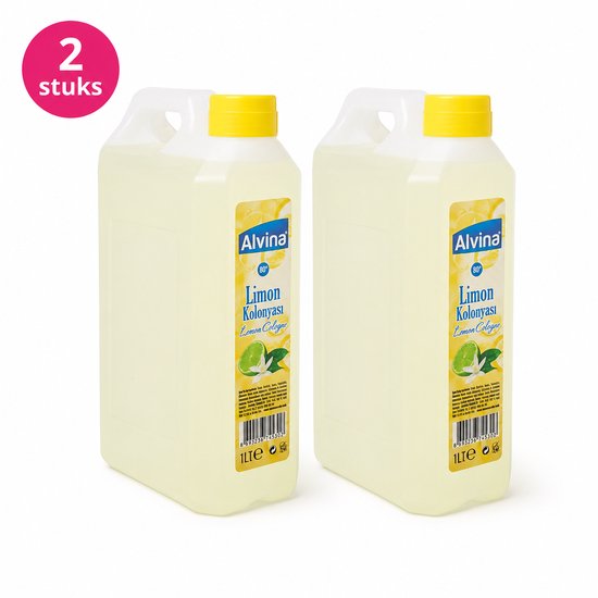Twee flessen Alvina Limon Kolonyasi, elk 1 liter, met gele doppen en labels met citroenafbeeldingen. "2 stuks" in roze cirkel.
