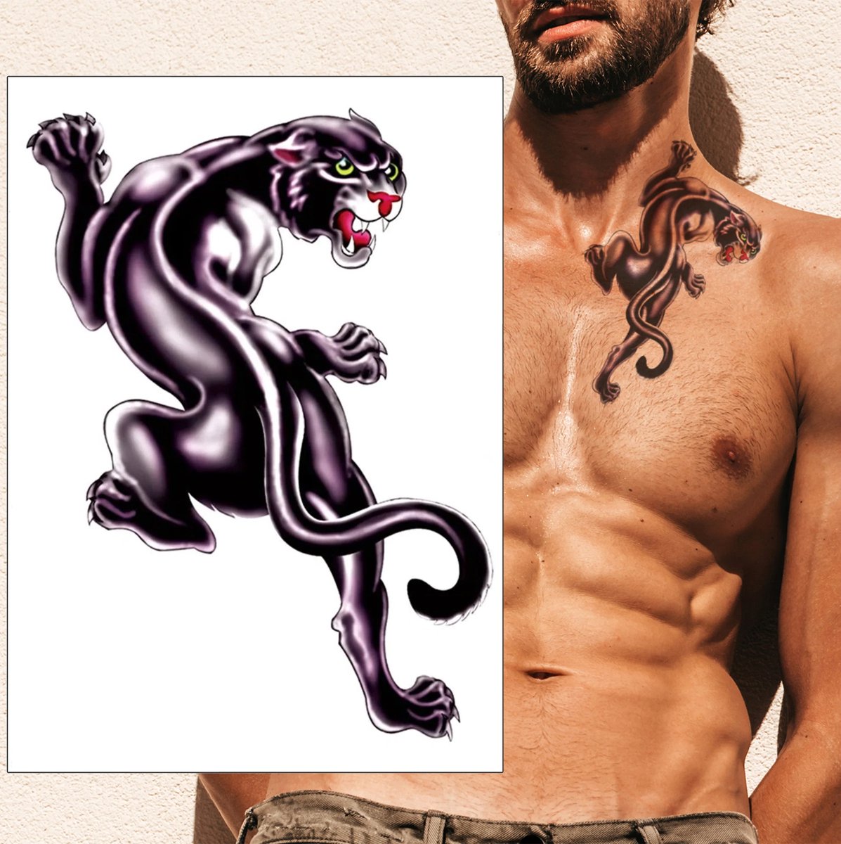 Temporary Tattoo Zwarte Panter (A5 formaat) [Neptattoo - Tijdelijke tatoeage - Nep Fake Tattoos - Water overdraagbare festival sticker henna outfit tattoo - Glitter tattoo - Volwassenen Kinderen Jongen Meisje]
