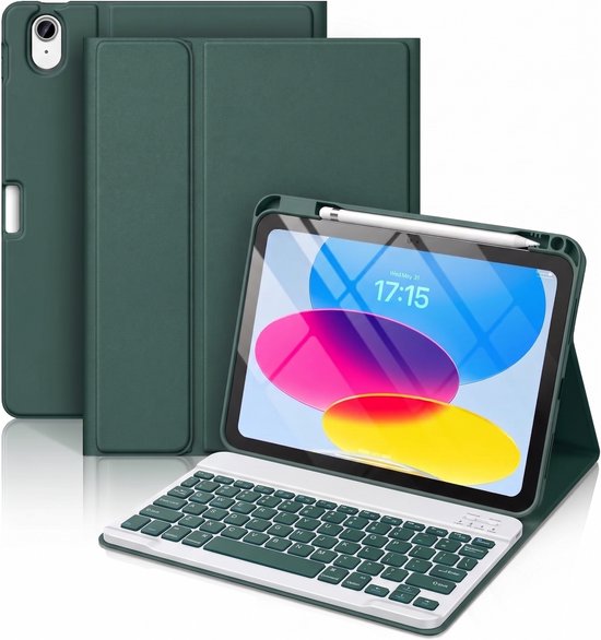 Groene tablet hoes met geïntegreerd wit en groen QWERTY toetsenbord, ideaal voor de iPad 10.9 inch.