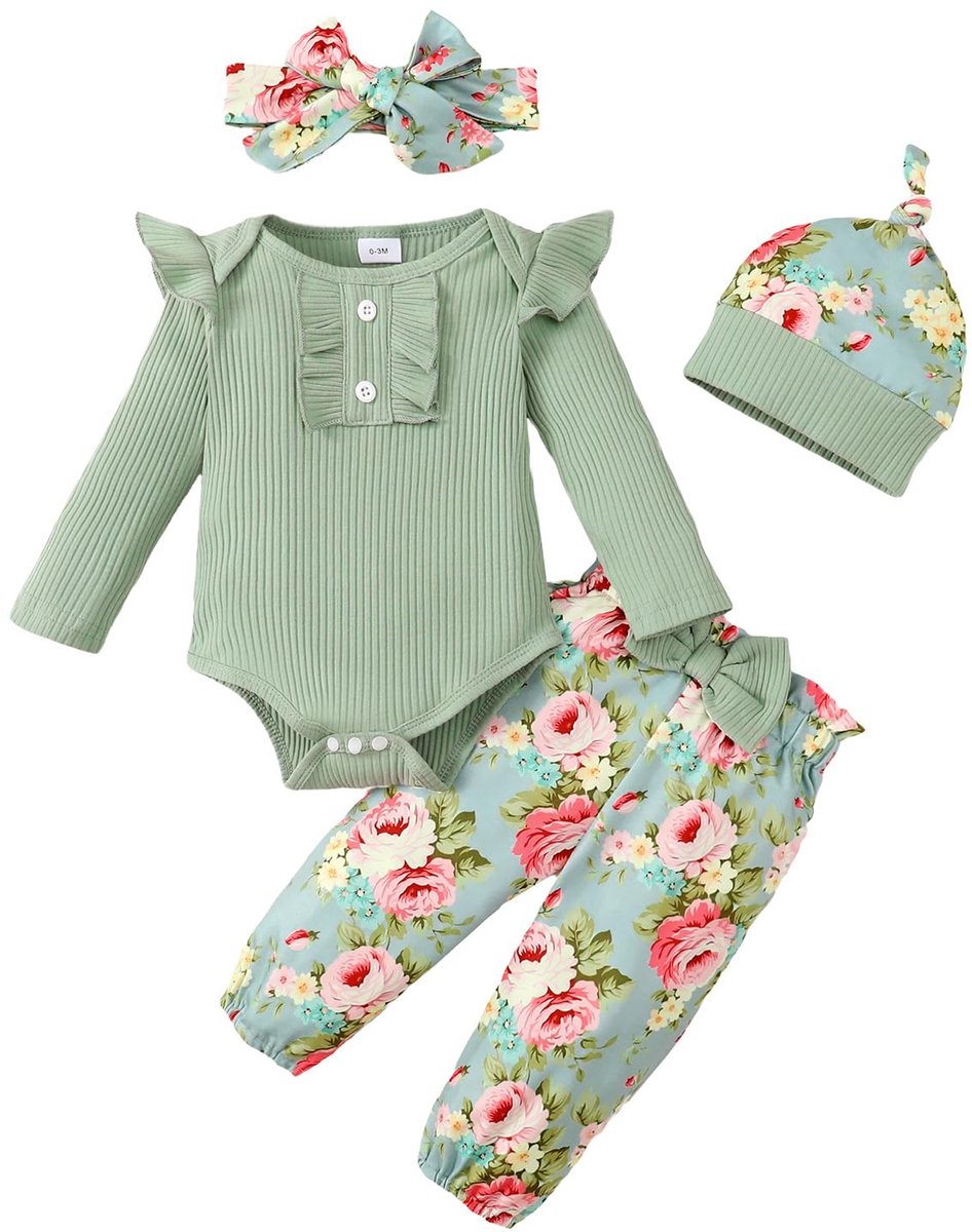 SnelShoppen - LUVCES Babykleding Meisjes Romper Ruches Lange Mouwen + Bloemenbroek + Hoofdband + Hoed Set Herfstoutfits 0-18 Maanden Groen 4 Stuks