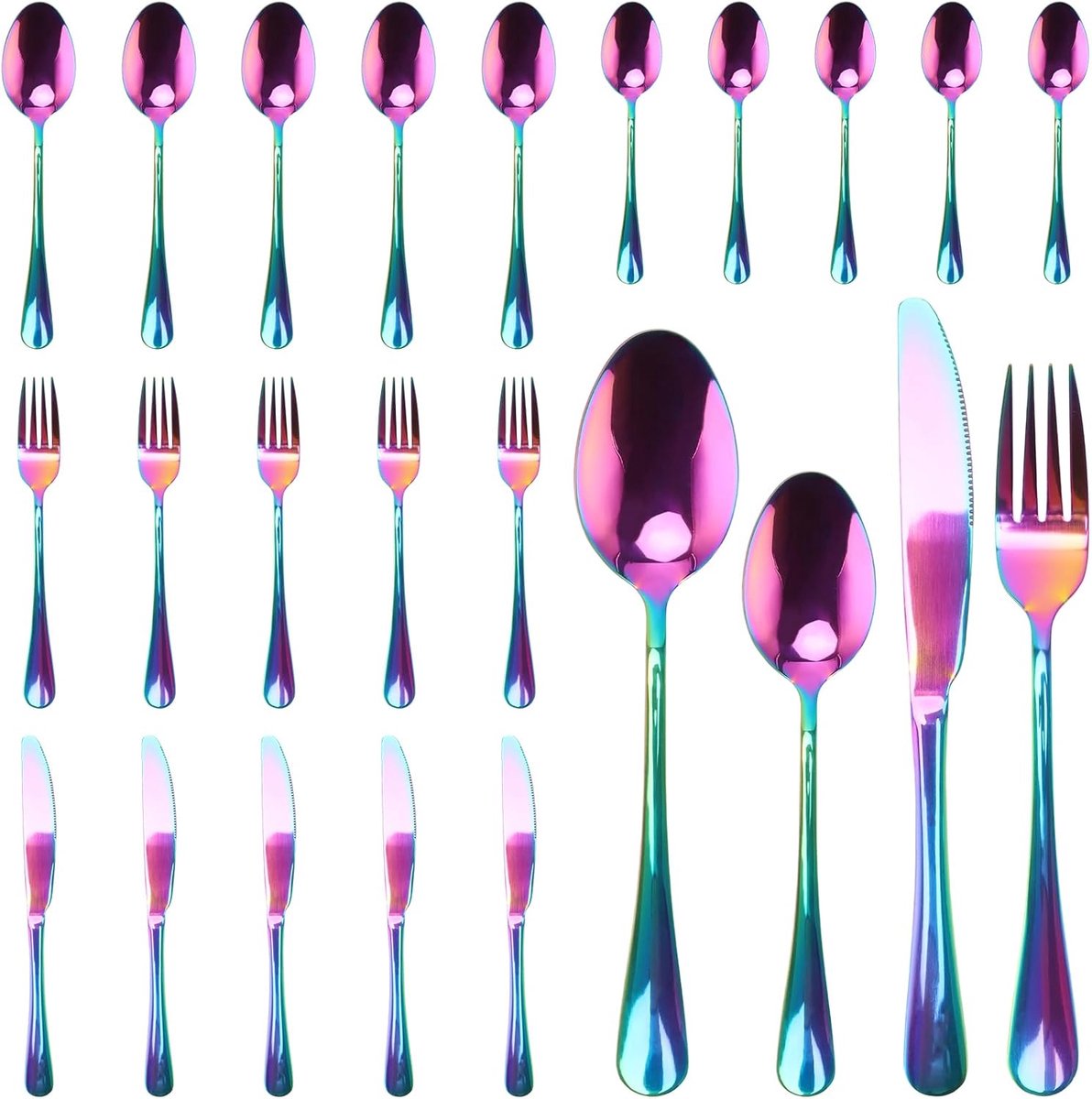 SnelShoppen - 24-delige Regenboog Roestvrij Stalen Bestekset voor 6 Personen - Kleurrijk Bestek voor Feest, Eten, Keuken en Restaurant