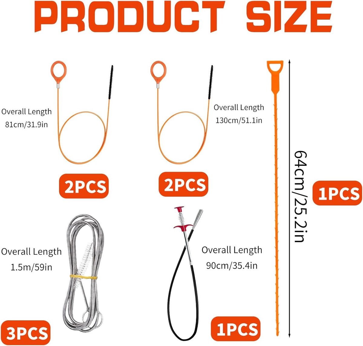 Complete Set voor Ontstoppen van Afvoerbuizen – Inclusief 90 cm Metaal, 4 Stuks Stalen Doucheontstopper, 4 Stuks Nylon Gootoontstopper en 3 Stuks RVS Buizenborstel – Effectief en Duurzaam