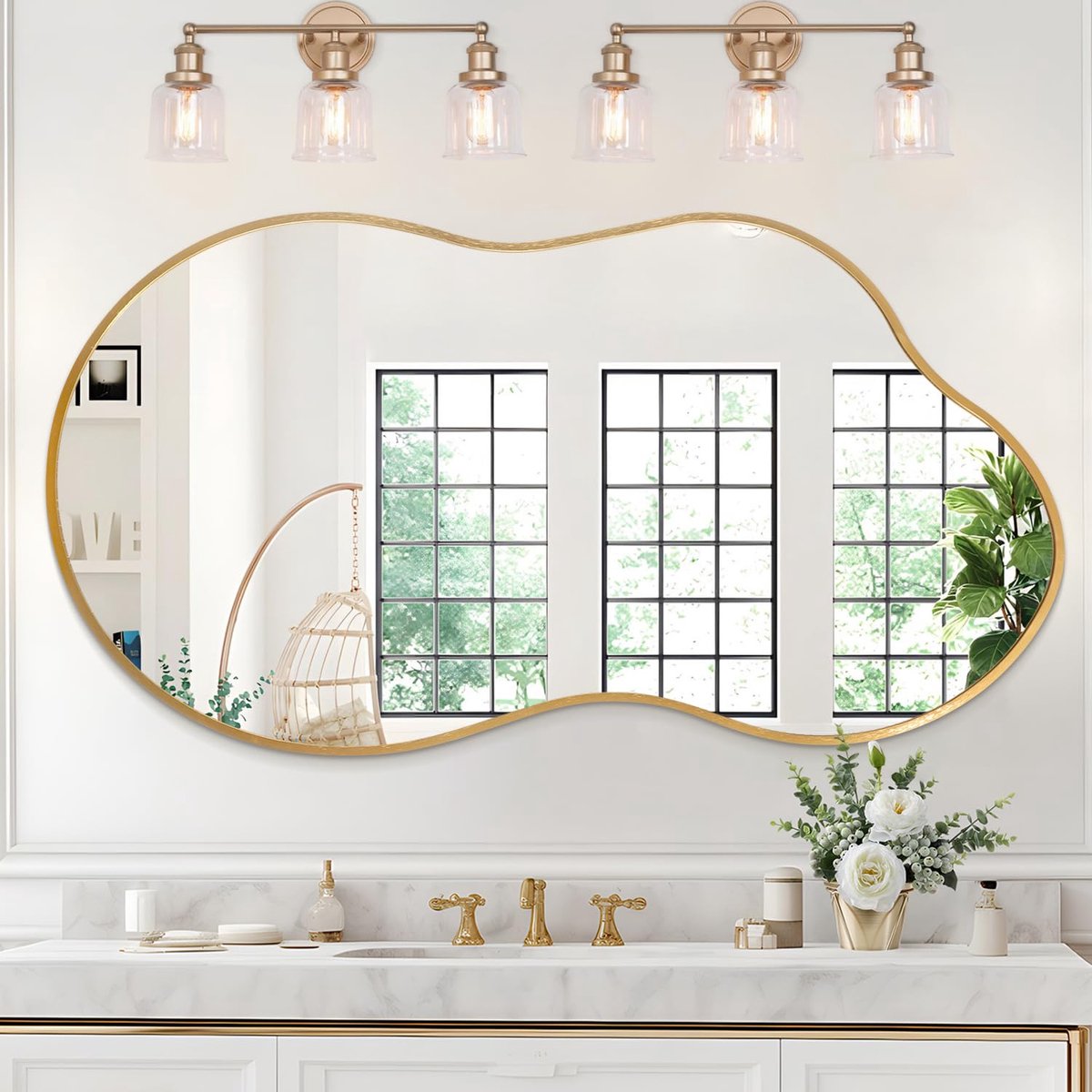 SnelShoppen - Grote Asymmetrische Wandspiegel 55x100cm - Onregelmatige Metalen Lijst in Goud - Moderne Decoratieve Kapsspiegel voor Badkamer, Slaapkam