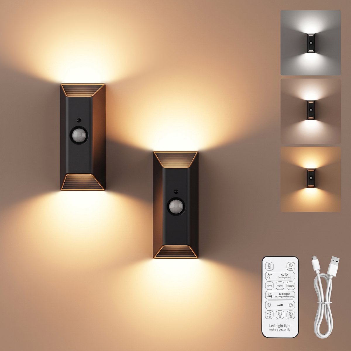 Wandlamp met bewegingssensor voor binnenshuis – Wandlamp met oplaadbare 4000 mAh-batterij – Drie kleurtemperaturen – Dimbaar – Draadloos magnetisch nachtlampje met afstandsbediening – Timer – Geschikt voor gangen, trappen en slaapkamers - twee