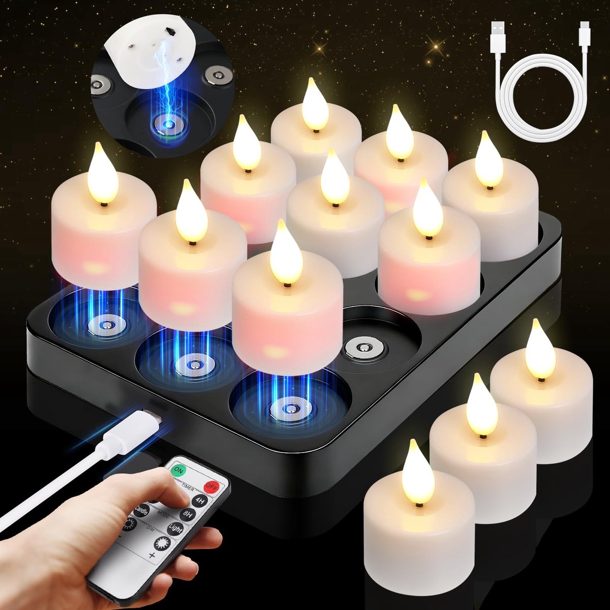 Led theelichtjes - Oplaadbare kaarsen - Sfeerverlichting creëren - Magnetisch laadstation - Set van 12 - Zwart