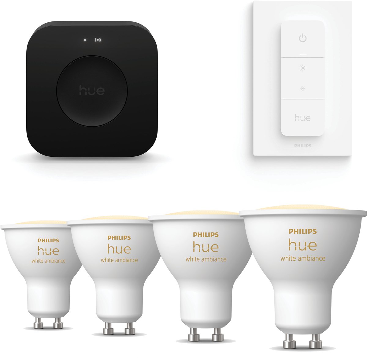 Philips Hue Starterspakket - GU10 - met 4 Spotjes - Warm tot Koelwit Licht - Incl. Hue Bridge Pro, Hue Dimmer Switch - Hue White Ambiance