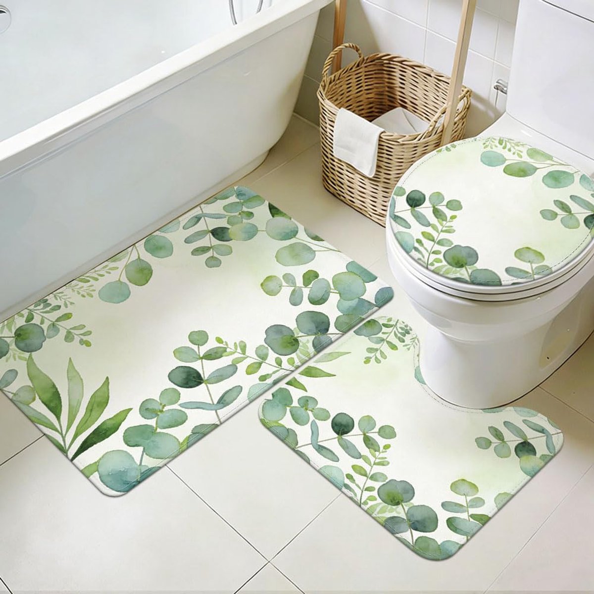 SnelShoppen - 3-delige wasbare badkamertapijten set - groene antislip badmatten met toiletmatten - zachte dikke badkamer tapijten voor hotels, keuken