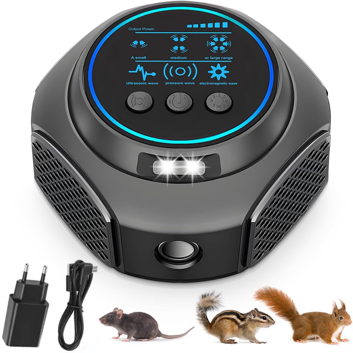 Ultrasone knaagdierverjager - Ultrasoon dierverjager - Insectenverjager voor binnenshuis - Verjager voor steenmarters en ratten - 360° rondom - Hoog vermogen - Met verlichting - ABS behuizing - Zwart